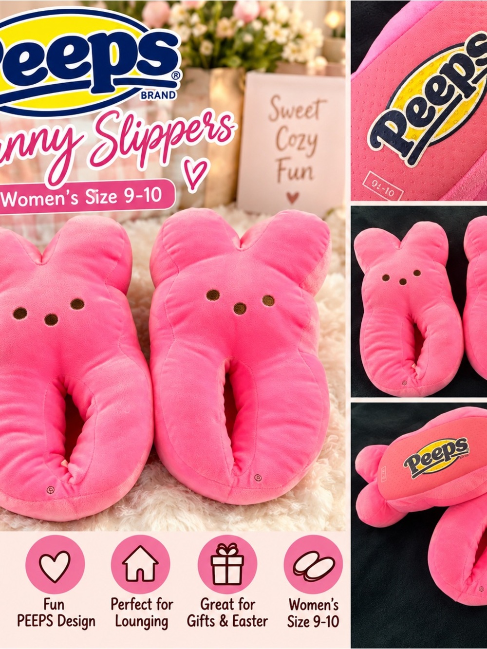 PEEPS Pink Bunny Plush Slippers Women’s Size 9-10